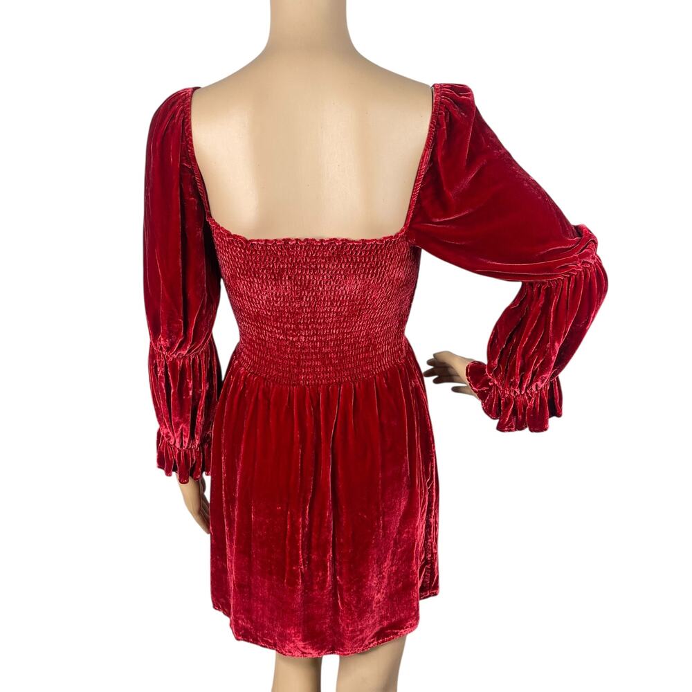 Reformation Red Crimson Velvet Smocked Juliet Sleeve Mini Dress S Whimsigoth - Picture 9 of 11